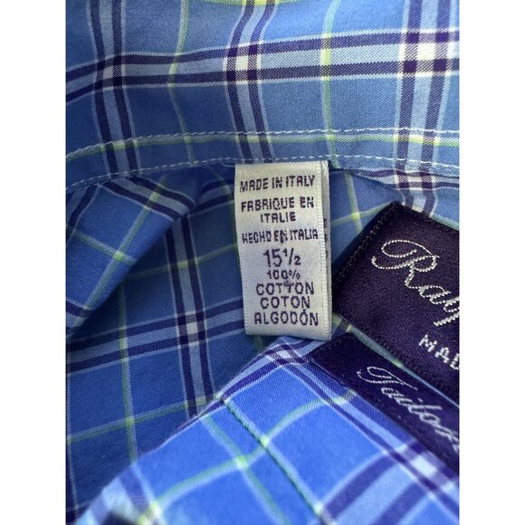 Ralph Lauren Purple Label Tailored Fit Shirt Blue Check Cotton Italy Men's 15.5 - Picture 5 of 6
